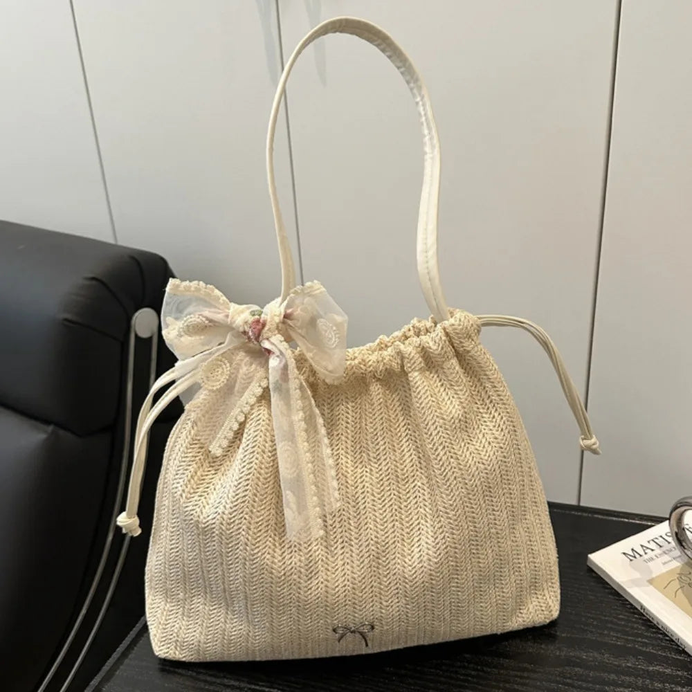 BohoGrace® – Elegant Straw Woven Tote with Bow Drawstring for Effortless Bohemian Style