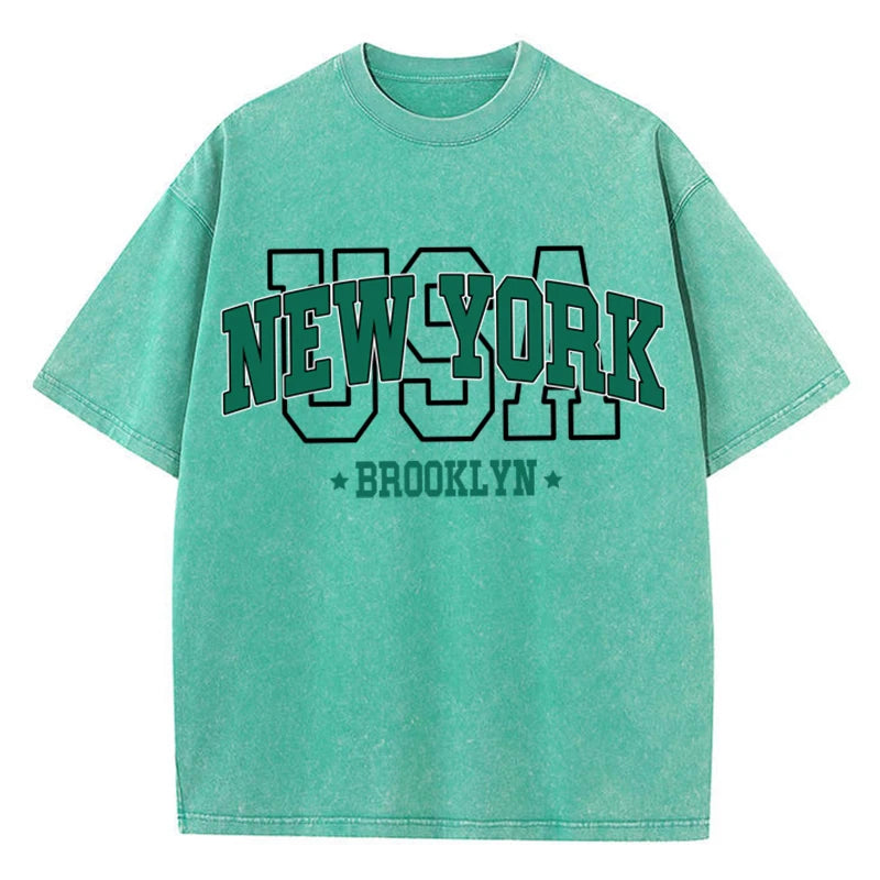 Brooklyn USA® – Women’s Washed Cotton Oversized O-Neck Tee with Brooklyn USA Print, Breathable Short Sleeve Summer Shirt