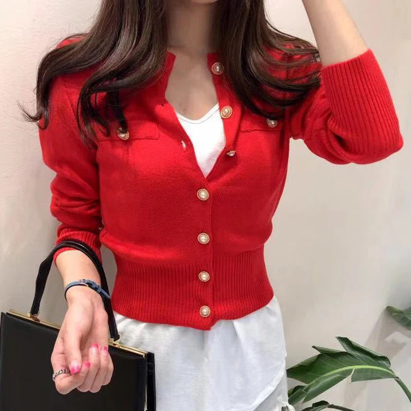 Autumn Whisper® – Korean-Inspired Short Knit Cardigan with Long Sleeves & Button Front