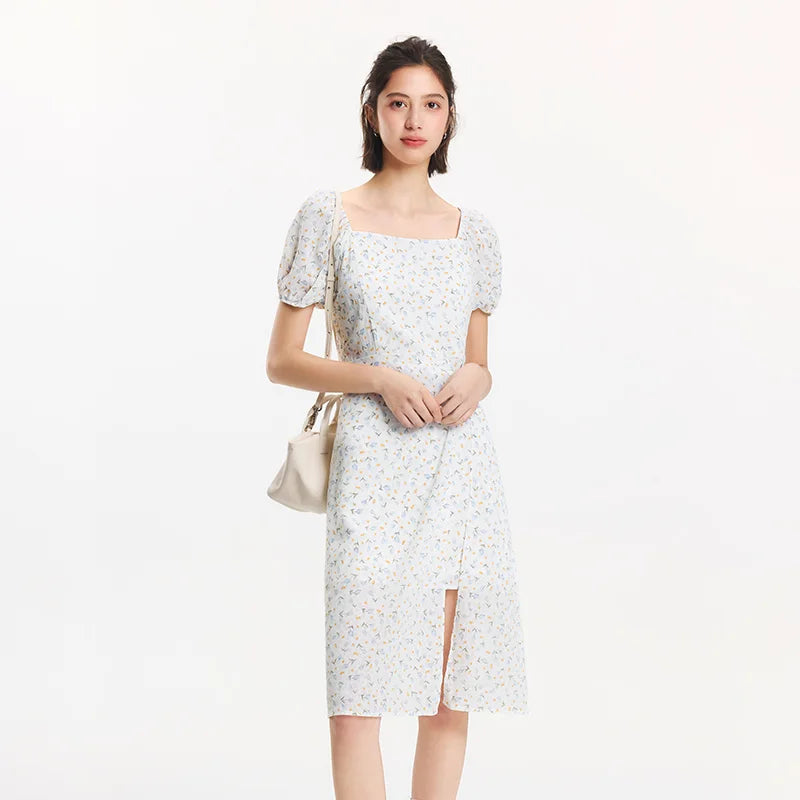 Amour d’Été® – French-Style Summer Chiffon Dress with Puff Sleeves & Split