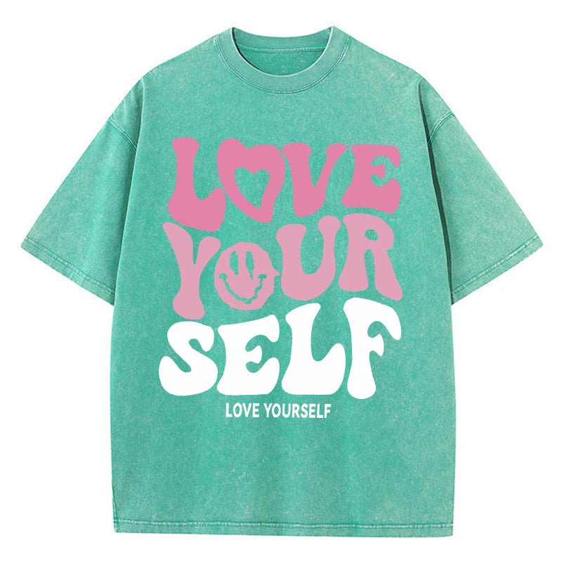 Love Yourself® – Women’s Washed Cotton Loose Tee with “Love Yourself” Letter Print, Short Sleeve Summer Shirt