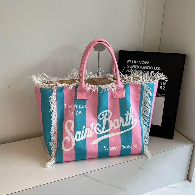 K-LetterCharm® – Korean-Inspired Canvas Tote Bag with Letter Print & Tassel Accent