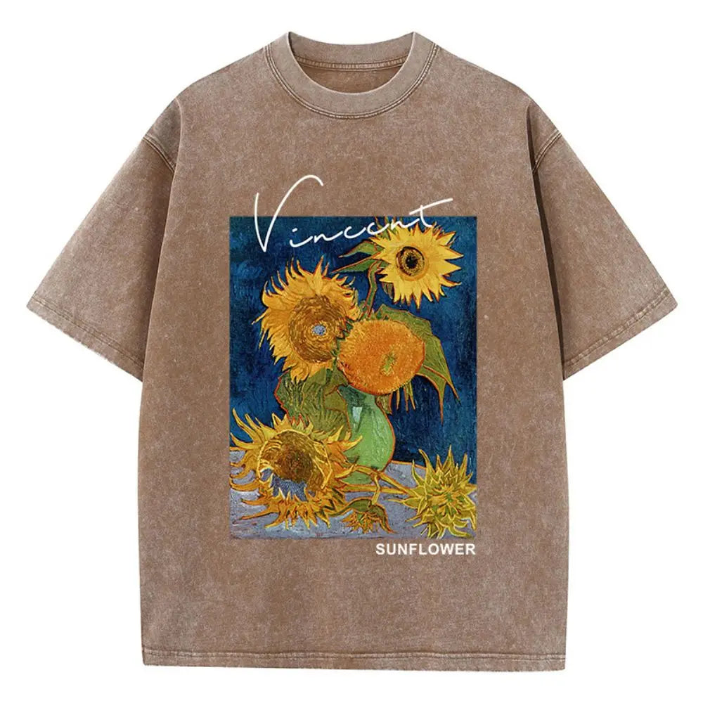 Van Gogh Sunflower® – Women’s Loose Fit Cotton Washed T-Shirt with Sunflower Print Soft Breathable Casual Top