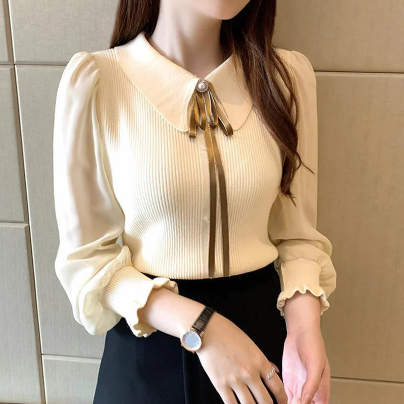 Elegant Chiffon Patchwork® – Autumn Lantern Sleeve Buttoned Collar Sweater for Office Ladies