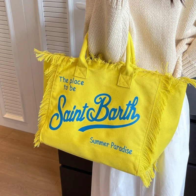 LetterTide® – Summer Canvas Tote Bag with Chic Letter Print & Tassel Detail