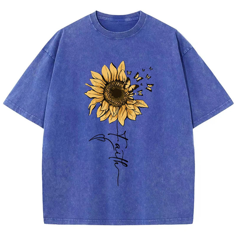 Sunflower & Butterfly® – Women’s Oversized O-Neck Cotton T-Shirt with Sunflower & Butterfly Prints, Vintage Black