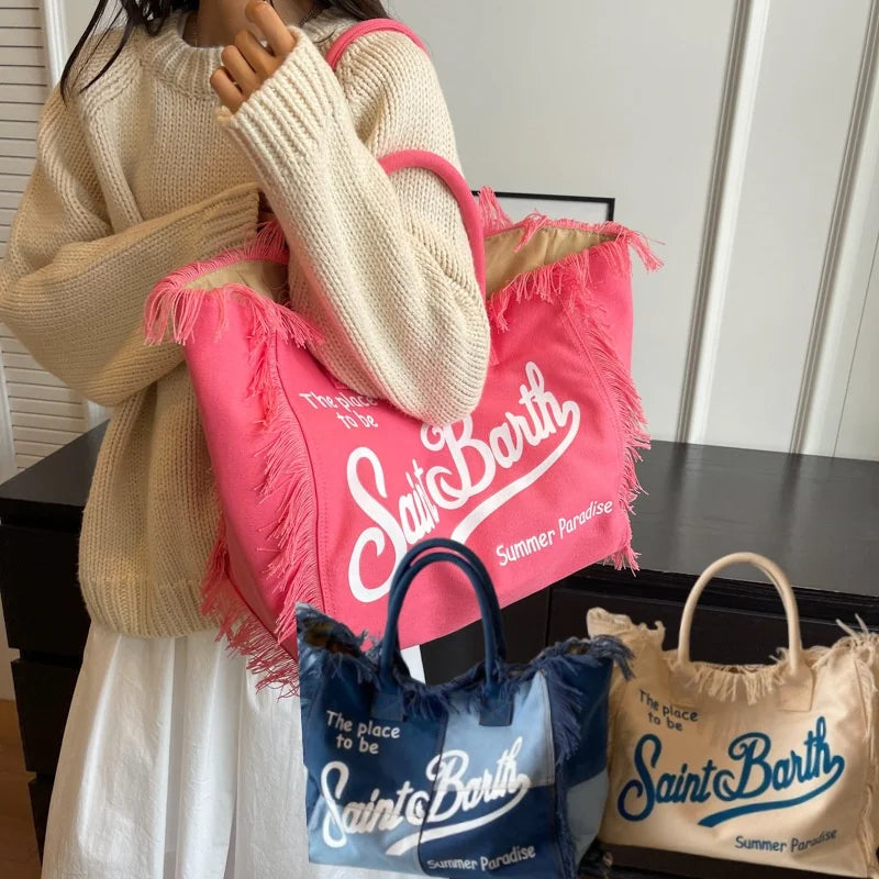 LetterTide® – Summer Canvas Tote Bag with Chic Letter Print & Tassel Detail