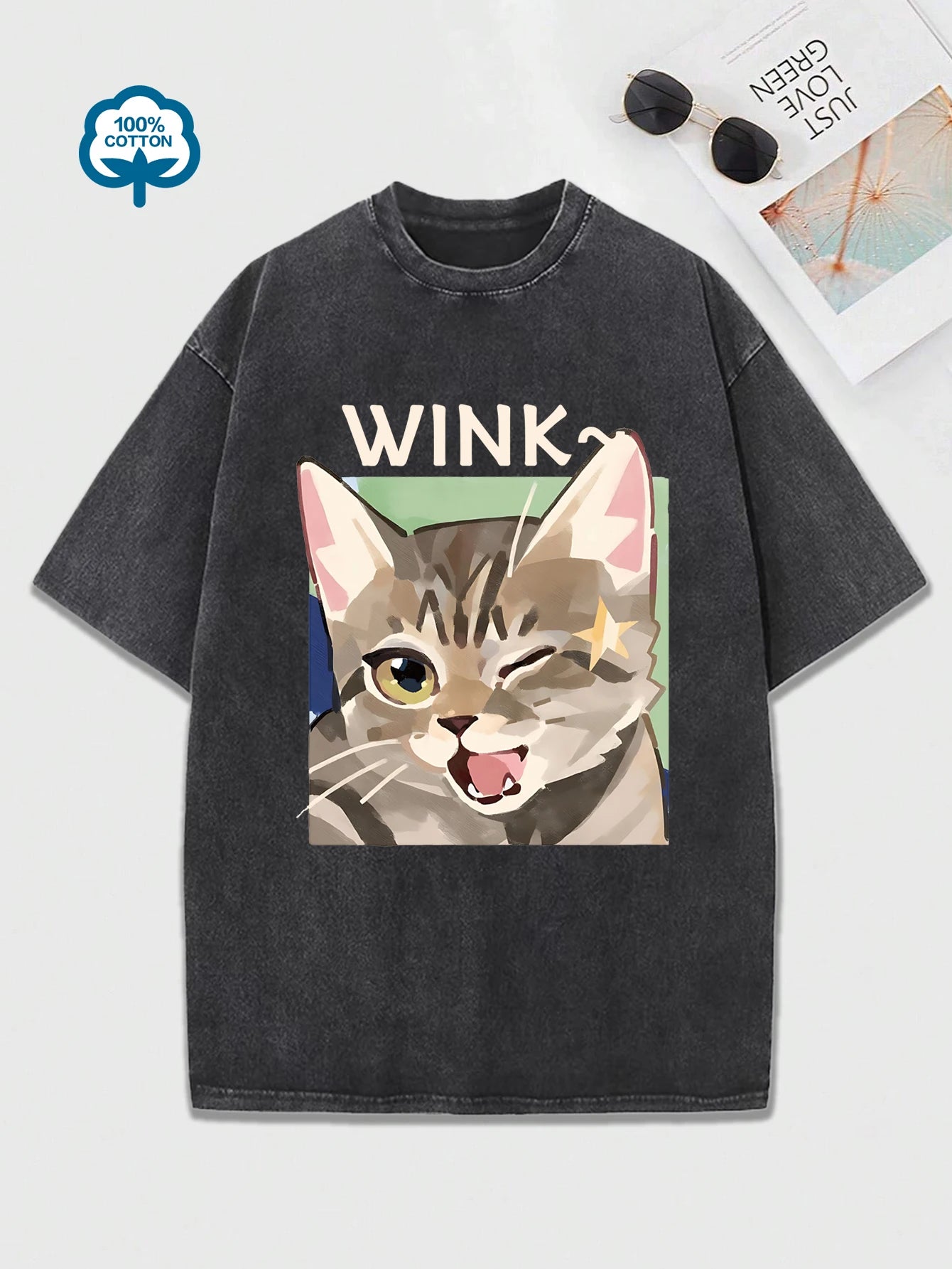 Wink Cat® – Women’s Loose Fit Cotton T-Shirt with Cute Cartoon Cat Prints