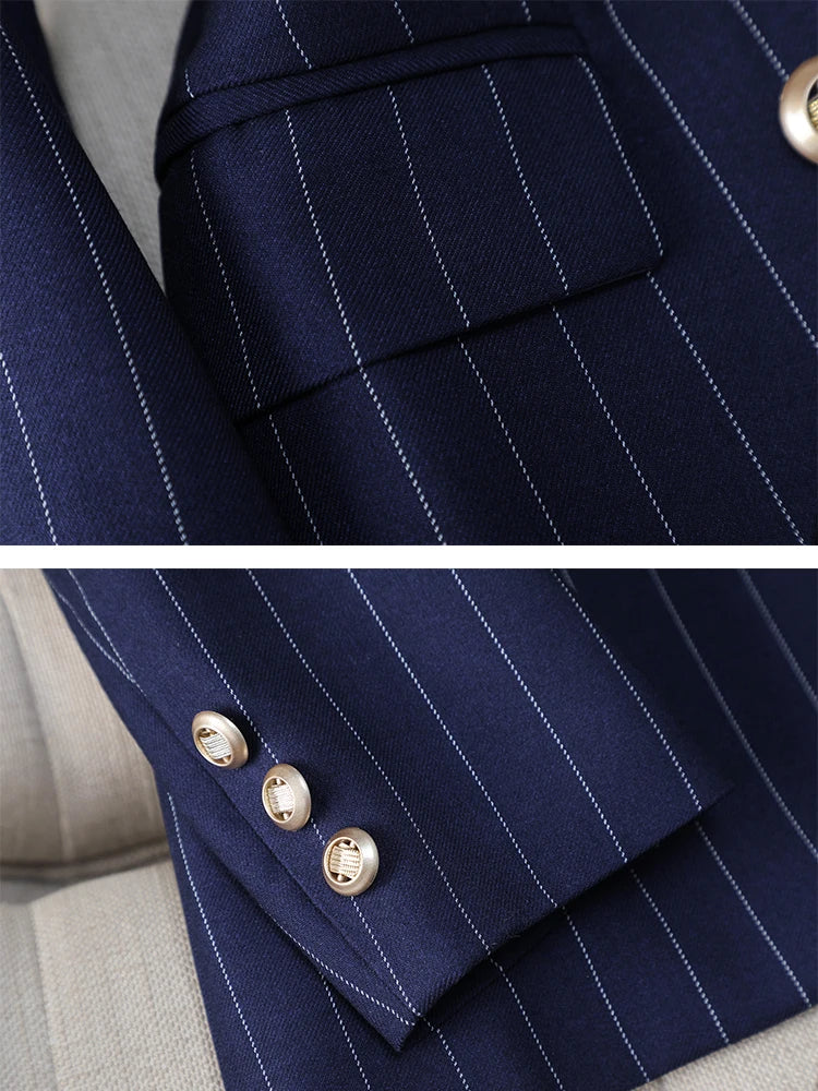 Suitique® – Autumn/Winter Blue Striped Pant Suit for Business Women
