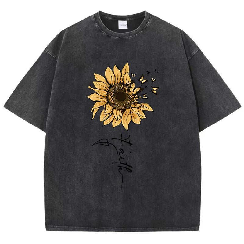 Sunflower & Butterfly® – Women’s Oversized O-Neck Cotton T-Shirt with Sunflower & Butterfly Prints, Vintage Black