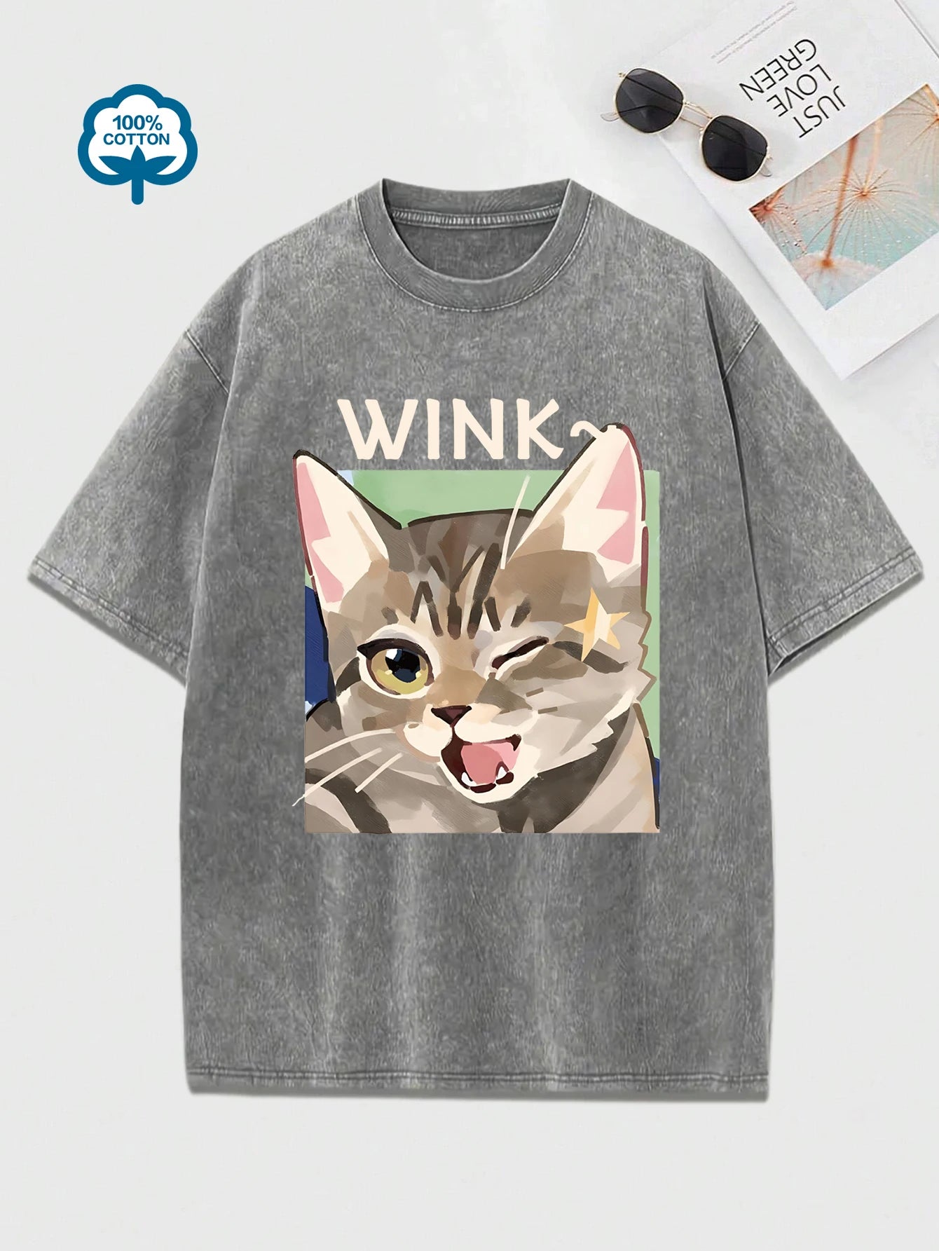 Wink Cat® – Women’s Loose Fit Cotton T-Shirt with Cute Cartoon Cat Prints