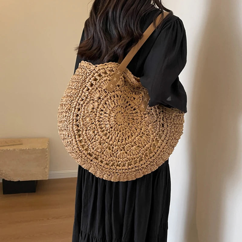 BohoWave® – Women’s Boho Woven Round Rattan Shoulder Tote Bag