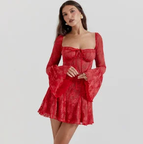ArtMuse® – Elegant Backless Printed Mini Dress with Artsy Touch & Square Neck Design