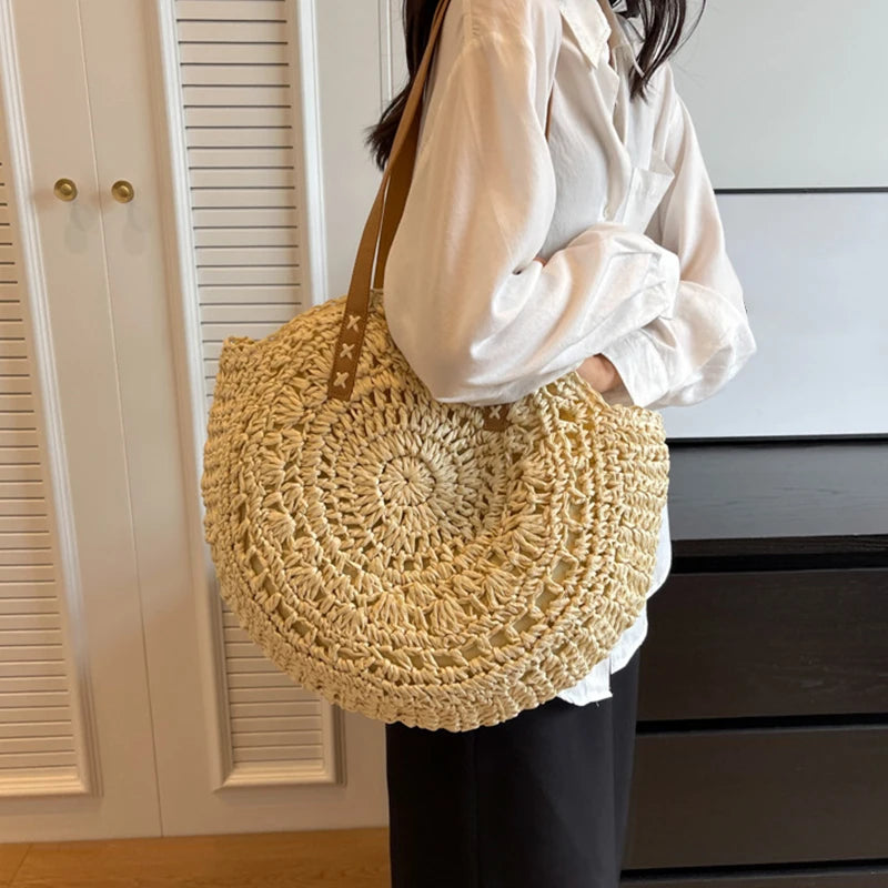 BohoWave® – Women’s Boho Woven Round Rattan Shoulder Tote Bag