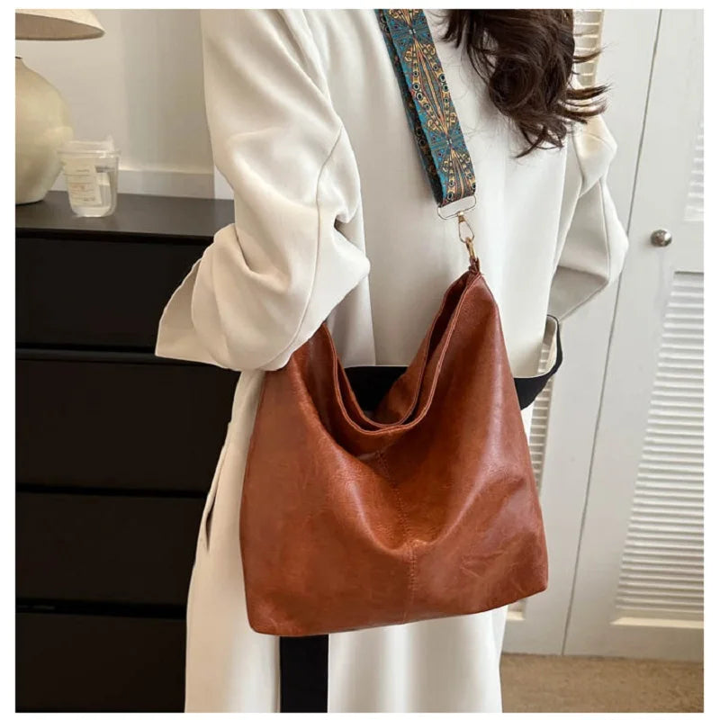 VintageCharm® – PU Leather Wide Strap Bucket Tote for Women
