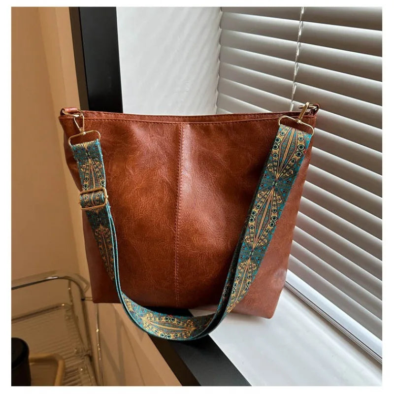 VintageCharm® – PU Leather Wide Strap Bucket Tote for Women