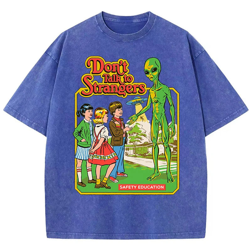 OuterWave® – Women’s Vintage-Washed Alien Print Cotton Tee – Round Neck Summer Style