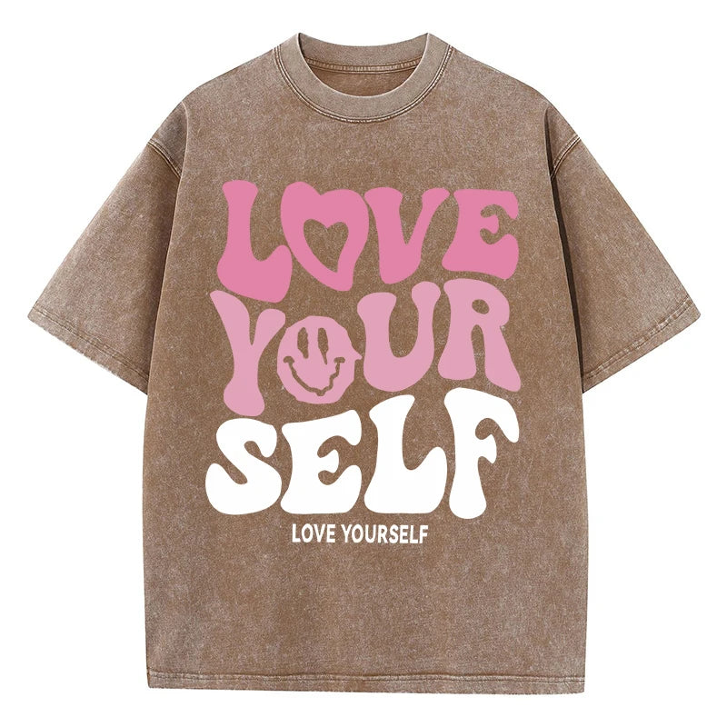 Love Yourself® – Women’s Washed Cotton Loose Tee with “Love Yourself” Letter Print, Short Sleeve Summer Shirt