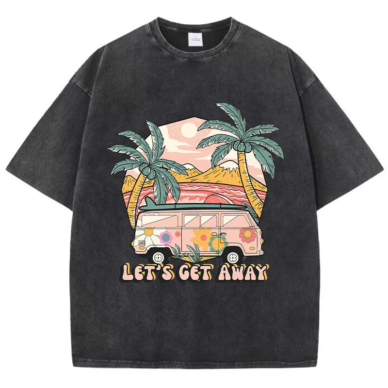 Harajuku Escape® – Women’s Washed Cotton Printed T-Shirt “Take The Bus Go On Vacation” Casual Tee
