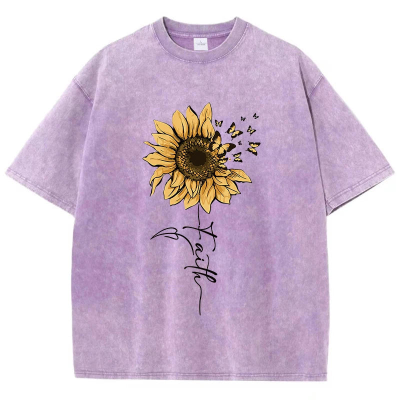 Sunflower & Butterfly® – Women’s Oversized O-Neck Cotton T-Shirt with Sunflower & Butterfly Prints, Vintage Black