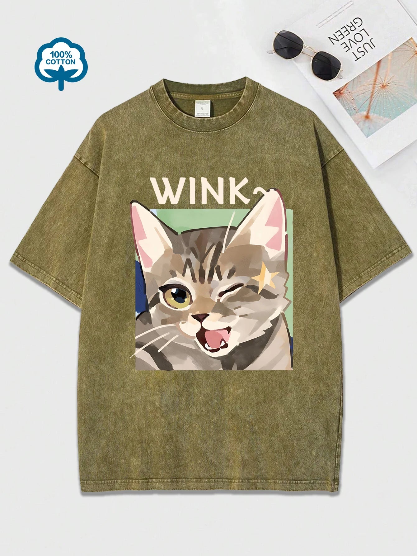 Wink Cat® – Women’s Loose Fit Cotton T-Shirt with Cute Cartoon Cat Prints