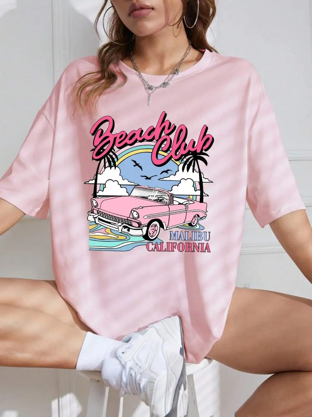 Beach Club® – Women’s Oversized Summer Cotton Tee with Beach Club Print and Crewneck
