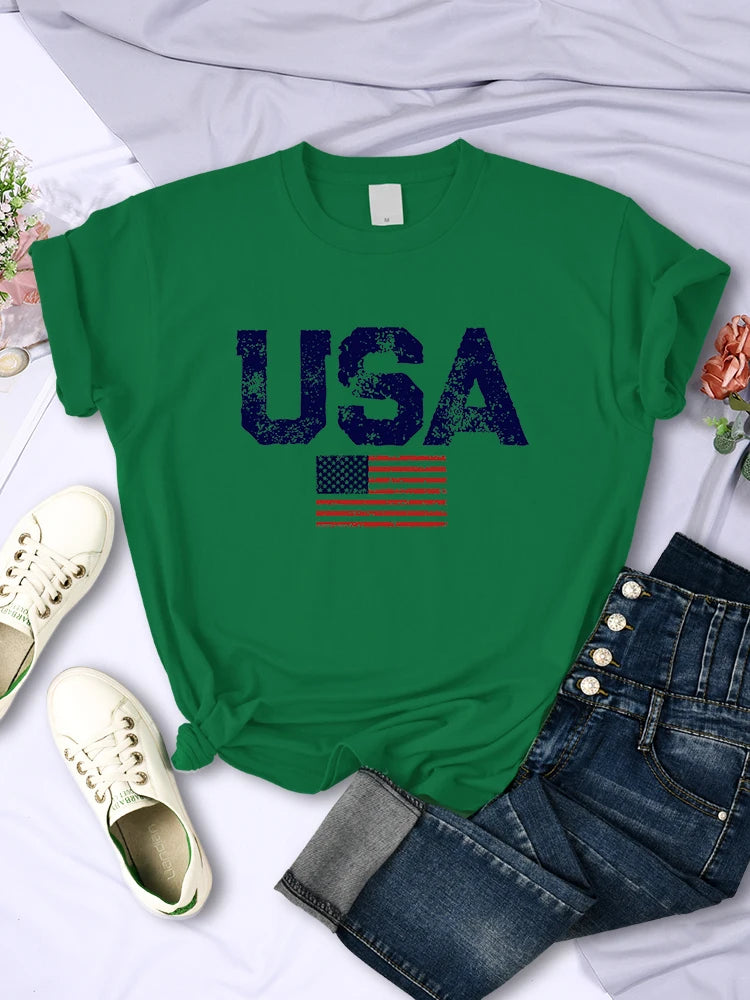 American Spirit® – USA Letters & Flag Printed Cotton Tee for Women