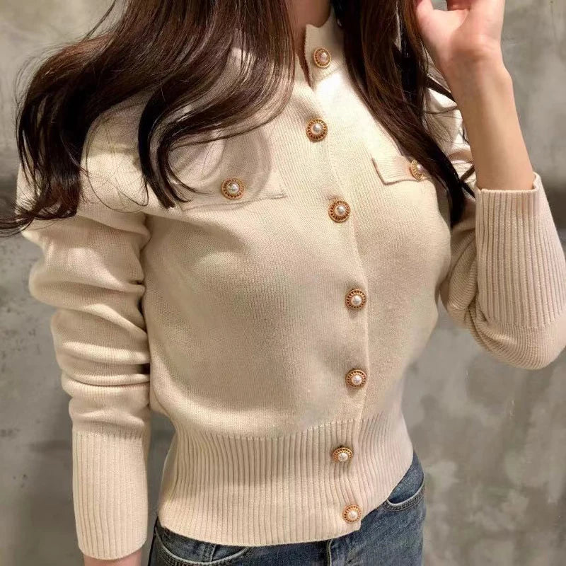 Autumn Whisper® – Korean-Inspired Short Knit Cardigan with Long Sleeves & Button Front