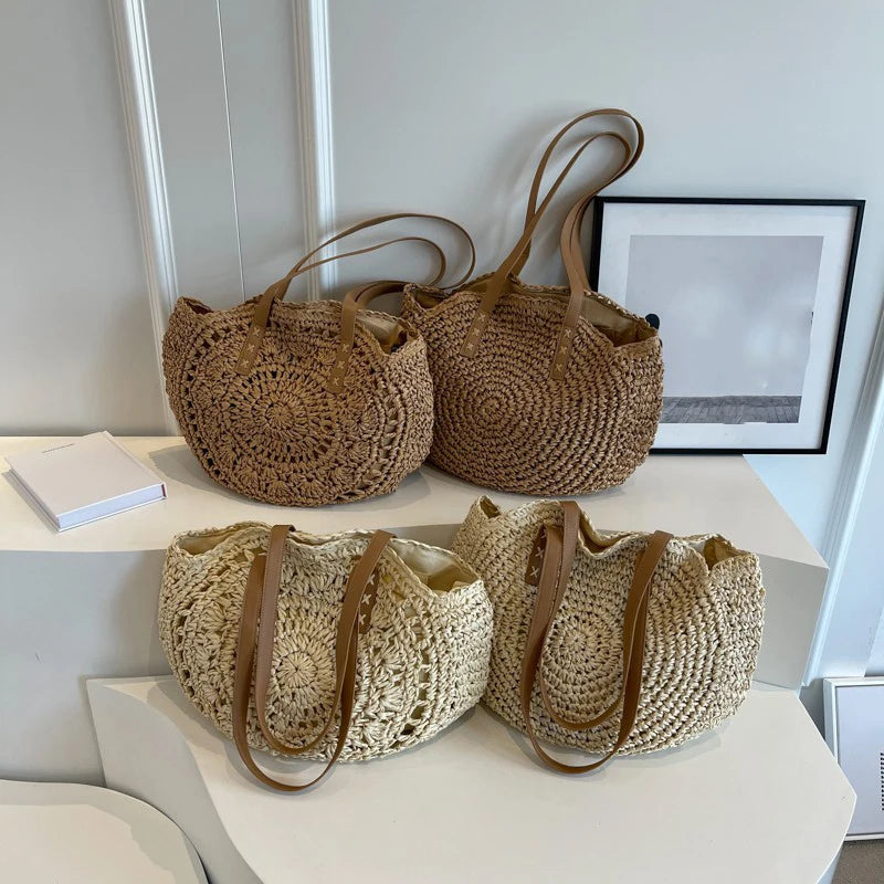 BohoWave® – Women’s Boho Woven Round Rattan Shoulder Tote Bag