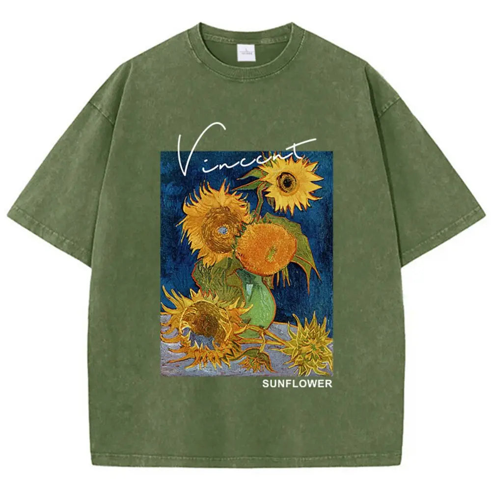 Van Gogh Sunflower® – Women’s Loose Fit Cotton Washed T-Shirt with Sunflower Print Soft Breathable Casual Top