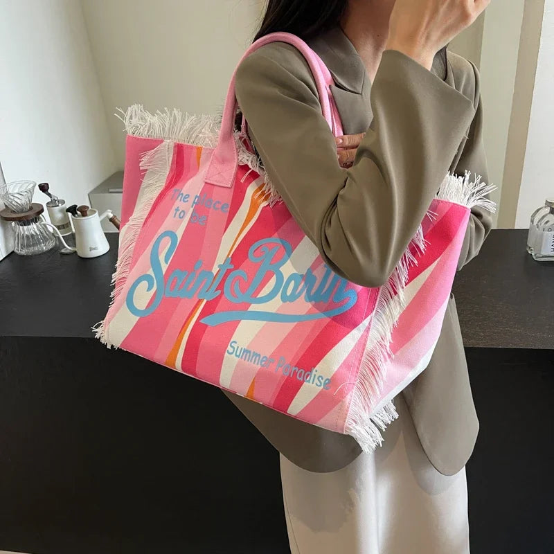 K-LetterCharm® – Korean-Inspired Canvas Tote Bag with Letter Print & Tassel Accent