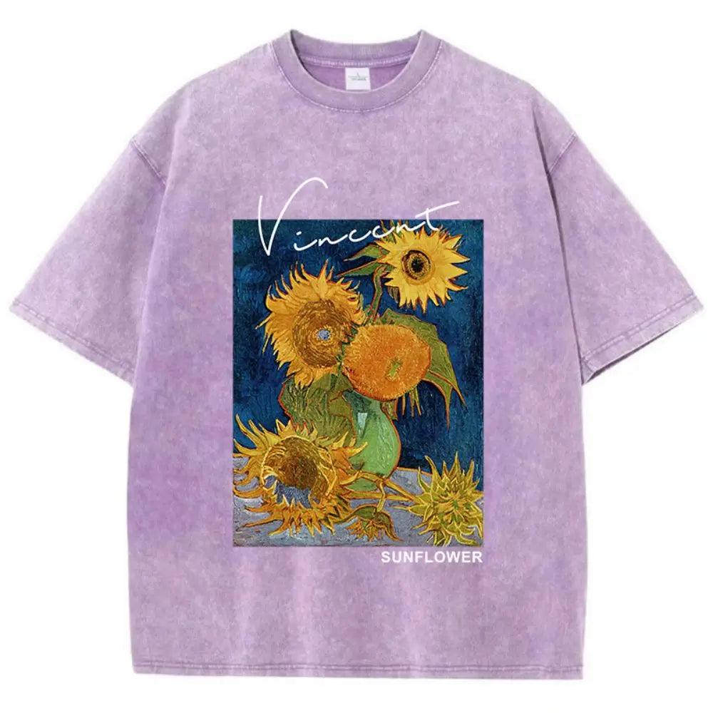 Van Gogh Sunflower® – Women’s Loose Fit Cotton Washed T-Shirt with Sunflower Print Soft Breathable Casual Top