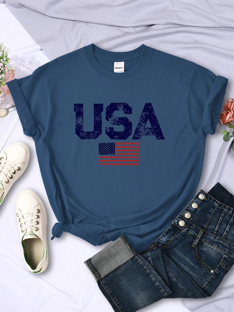 American Spirit® – USA Letters & Flag Printed Cotton Tee for Women