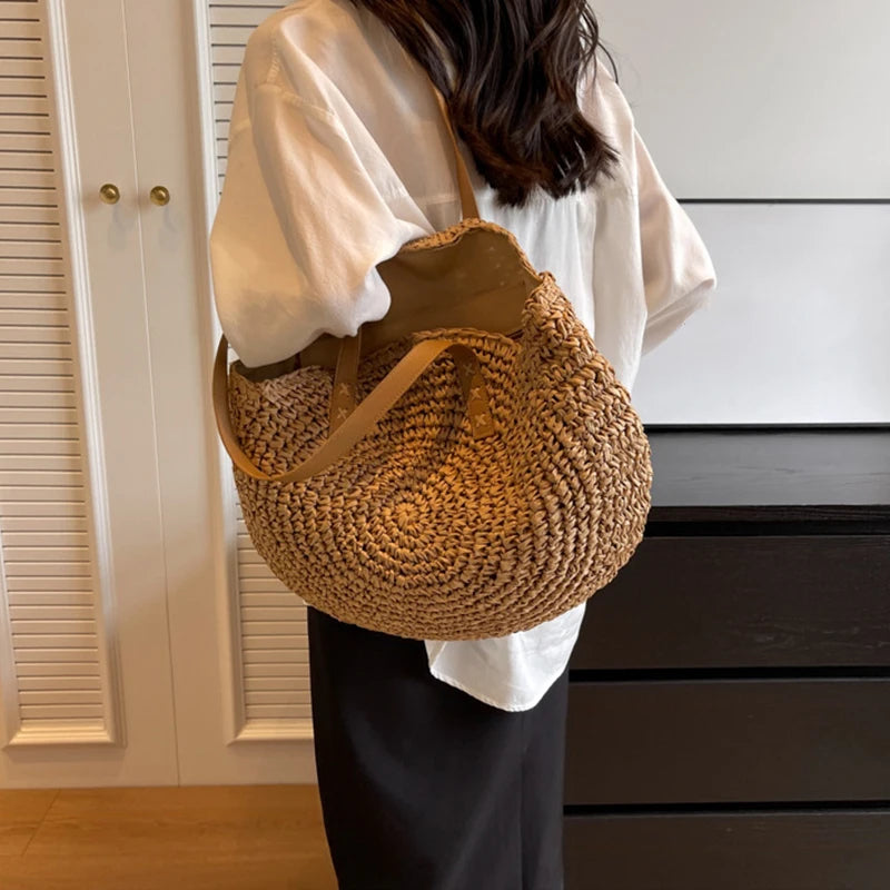 BohoWave® – Women’s Boho Woven Round Rattan Shoulder Tote Bag
