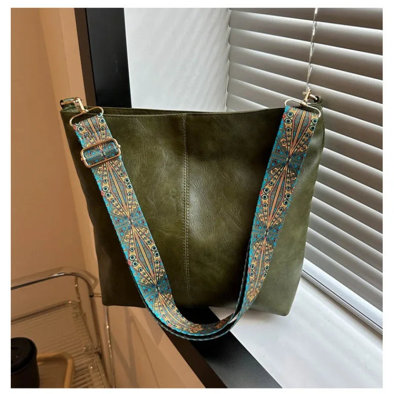 VintageCharm® – PU Leather Wide Strap Bucket Tote for Women