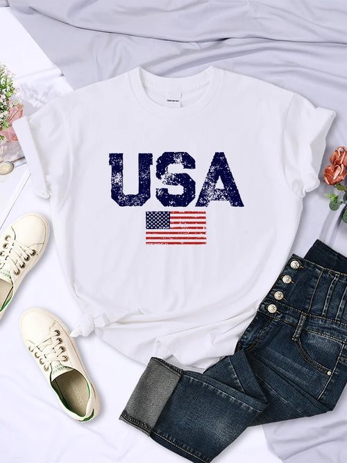 American Spirit® – USA Letters & Flag Printed Cotton Tee for Women